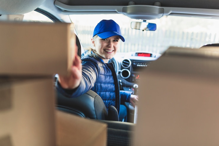 Foto gratuito corriere allegro in auto