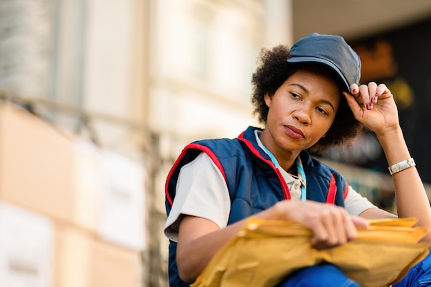 Corriere femminile nero che si prende una pausa mentre si sente stanco dopo aver consegnato i pacchi in città