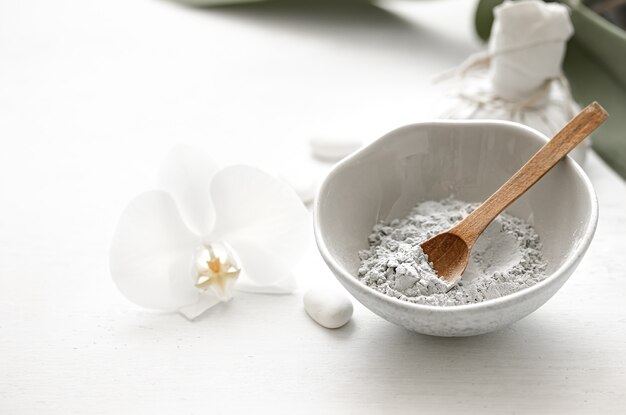 Cosmetici naturali per trattamenti termali a casa o in salone, maschera facciale a casa.