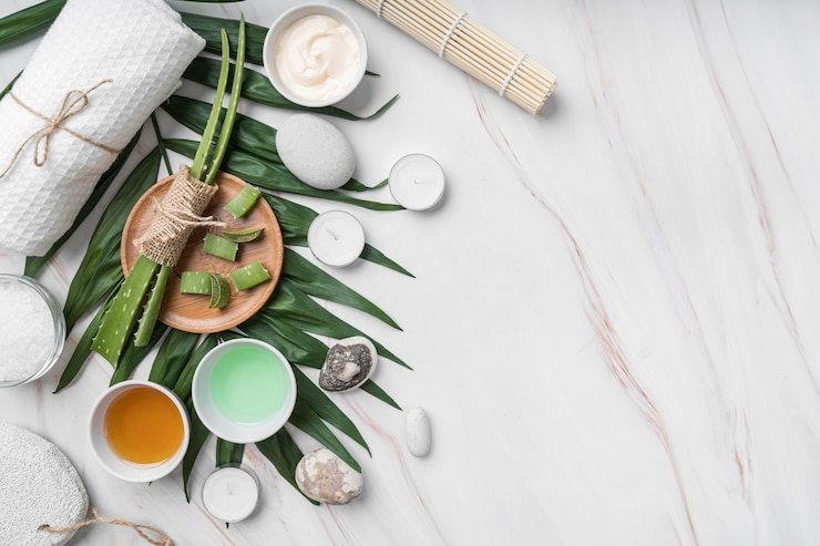 Foto gratuito cosmetici naturali vista dall'alto copia-spazio