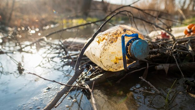 Costa del fiume con molte bottiglie di plastica sparse