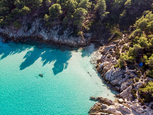 Costa del Mar Egeo con acqua blu trasparente, vegetazione intorno, rocce, cespugli e alberi, vista dal fuco, Grecia