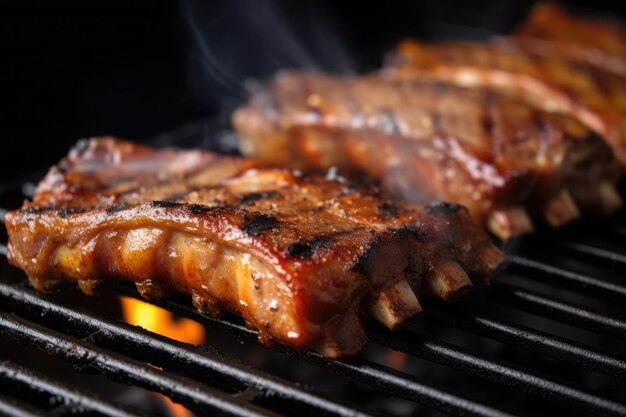 Costine di maiale grigliate calde con salsa barbecue con fuoco AI generativo