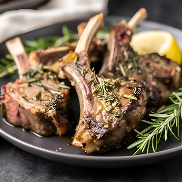 Costolette di agnello alla griglia con rosmarino e limone su piatto su sfondo di pietra scura