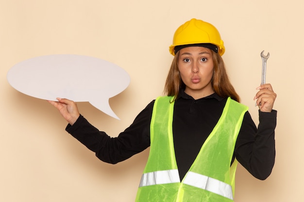 Costruttore femminile di vista frontale nel casco giallo che tiene un grande segno bianco con lo strumento d'argento sulla femmina bianca della parete