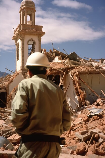 Costruttore vicino alla moschea dopo il terremoto