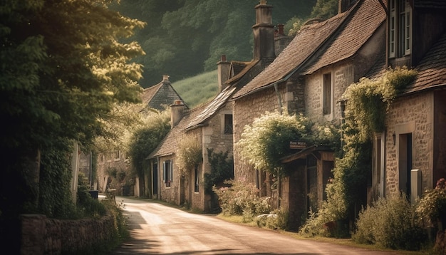 Cottage vecchio stile con tetto a graticcio in mezzo alla natura generata dall'IA