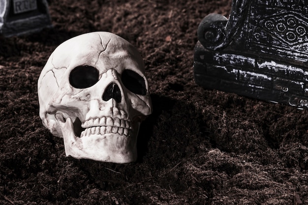 Cranio umano terrificante al cimitero nella notte di Halloween