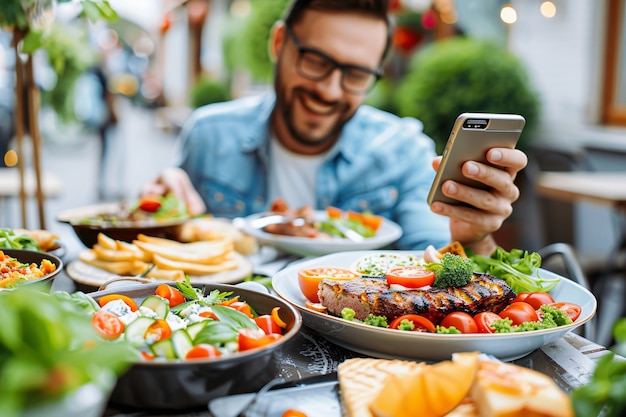 Creatore di contenuti alimentari che filma una varietà di piatti da caricare su Internet