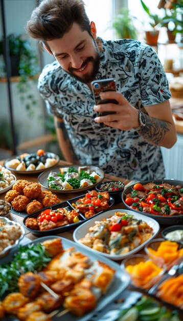 Creatore di contenuti alimentari che filma una varietà di piatti da caricare su Internet