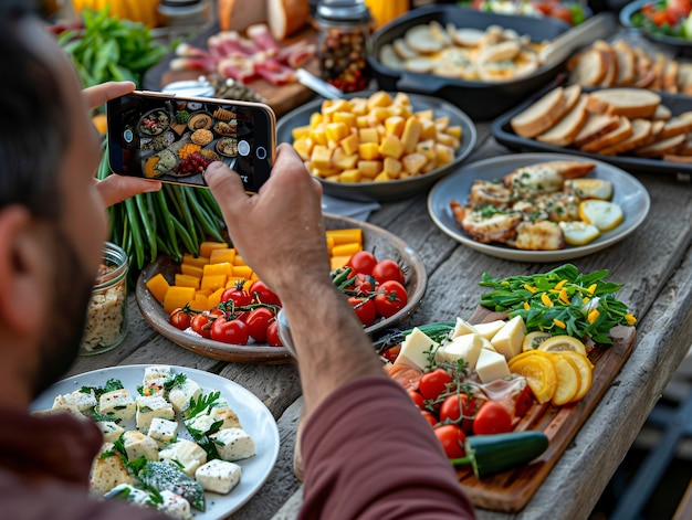 Creatore di contenuti alimentari che filma una varietà di piatti da caricare su Internet