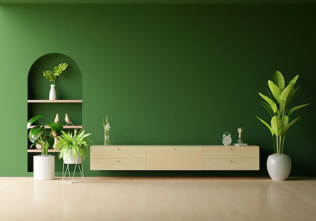 Credenza in legno nel soggiorno verde con spazio copia