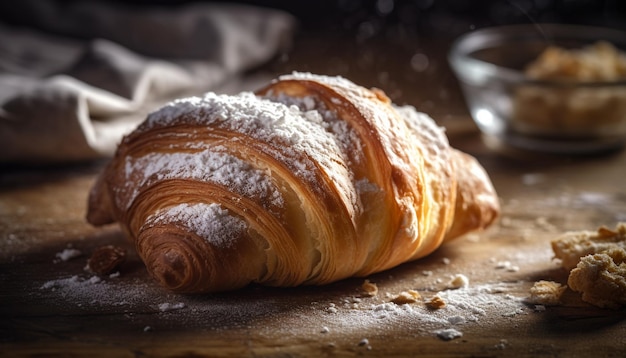 Croissant appena sfornato su tavolo in legno rustico generato da AI