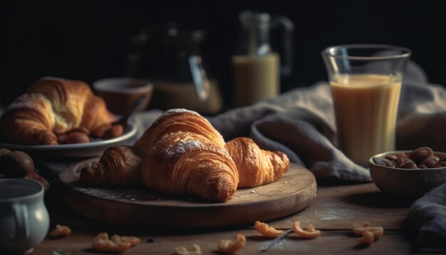 Croissant e brioche appena sfornati su vassoio generato da AI