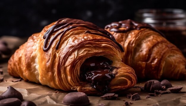 Croissant francese fatto in casa ripieno di cioccolato e burro, rinfresco indulgente generato dall'intelligenza artificiale