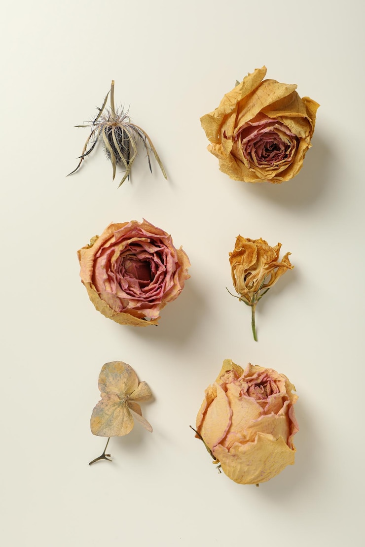 Foto gratuito cucce secche di fiori su sfondo bianco vista dall'alto