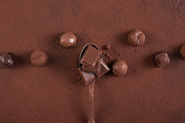 Cucchiaio con barrette di cioccolato quadrati caramelle e cacao in polvere