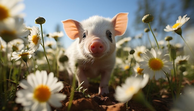 Cuccioli carini che pascolano sul prato circondati da fiori di camomilla gialli generati dall'intelligenza artificiale