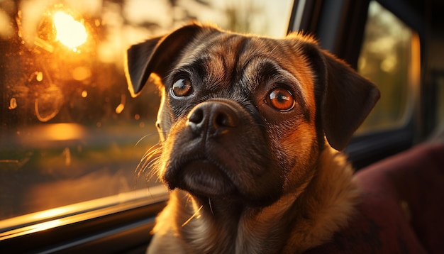 Cucciolo carino che guarda fuori dal finestrino dell'auto godendosi il viaggio nella natura generato dall'intelligenza artificiale