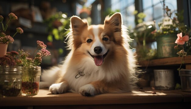 Cucciolo carino seduto all'aperto guardando la fotocamera circondato da fiori generati dall'intelligenza artificiale