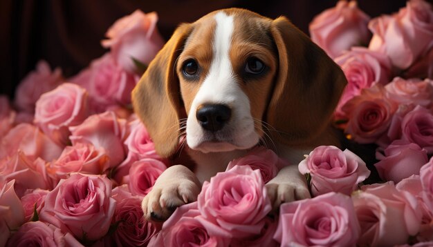 Cucciolo carino seduto guardando il bouquet di fiori amore di razza generato dall'intelligenza artificiale