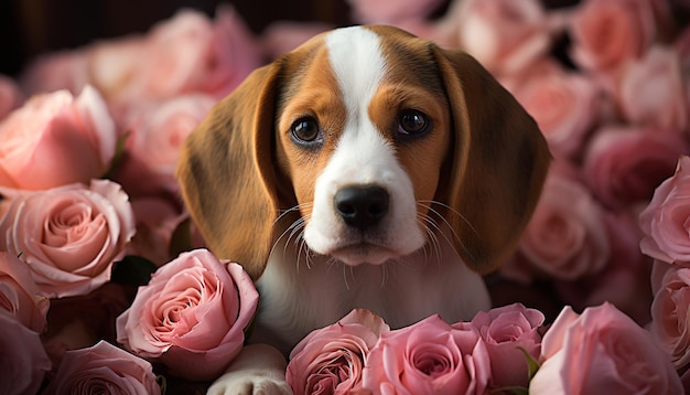 Cucciolo carino seduto guardando il cane di razza fiore all'interno generato dall'intelligenza artificiale