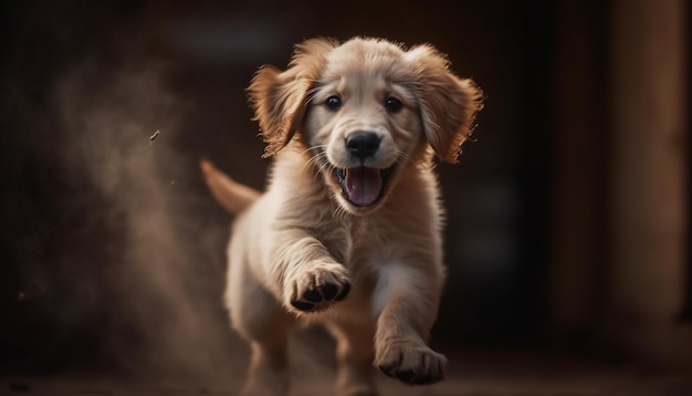 Cucciolo di golden retriever che corre all'aperto giocando gioiosamente generato dall'intelligenza artificiale