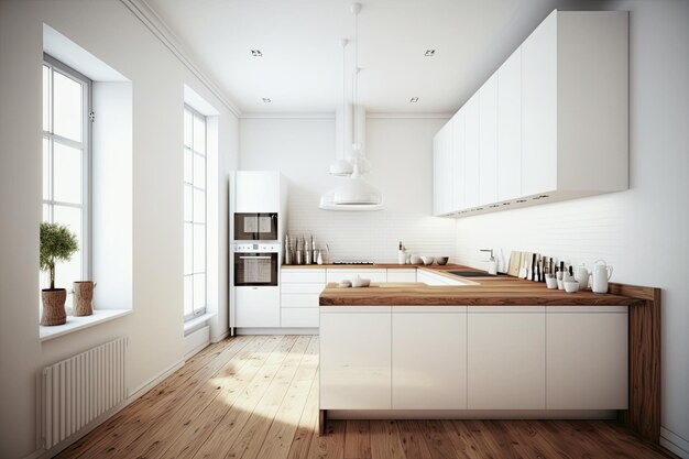 Cucina bianca moderna minimalista con pavimento in legno Design d'interni con luce naturale ai generativa