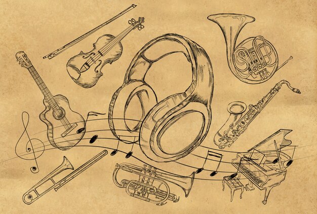 Cuffie Sketch strumenti musicali su carta marrone