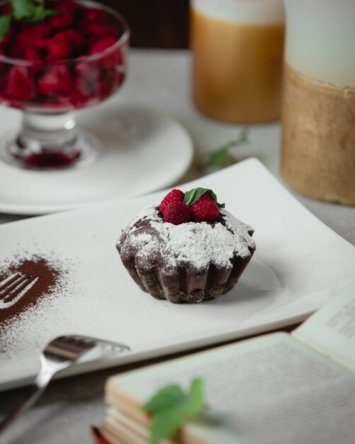 Cupcake al cioccolato con polvere di vaniglia e lamponi.