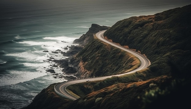 Curva di guida lungo la costa punto di fuga al tramonto generato dall'intelligenza artificiale