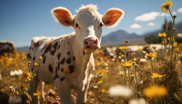 Cute mucche che pascolano in un prato verde godendosi il sole estivo generato dall'intelligenza artificiale