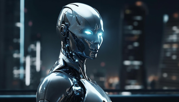 Cyborg futuristico con braccio robotico illuminato di notte generato dall'intelligenza artificiale
