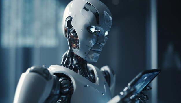 Cyborg futuristico in piedi illuminato da macchinari blu generati dall'intelligenza artificiale