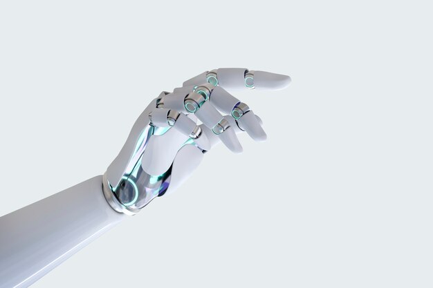 Cyborg mano dito puntato sullo sfondo, tecnologia di intelligenza artificiale