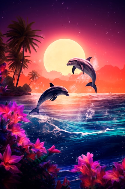 Delfini carini che saltano dall'acqua al tramonto