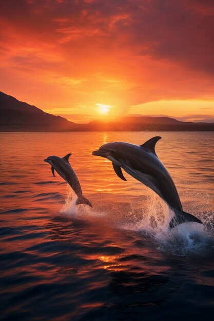 Delfino che salta sopra l'acqua al tramonto