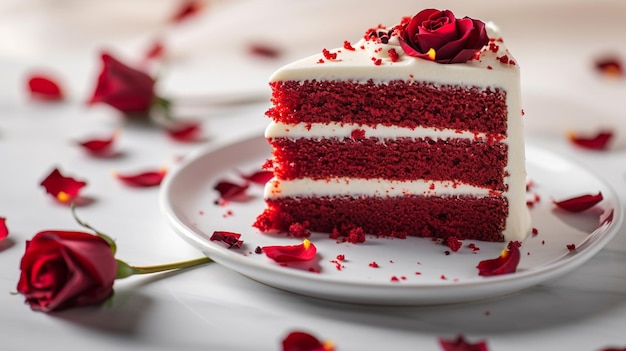 Delicate fette di torta Red Velvet ricoperte di glassa di formaggio cremoso e petali di rosa commestibili