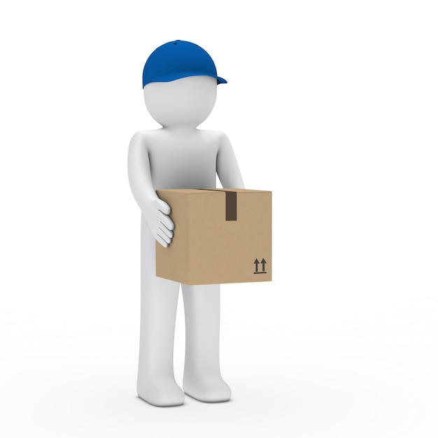 Deliveryman con berretto in possesso di una scatola di cartone