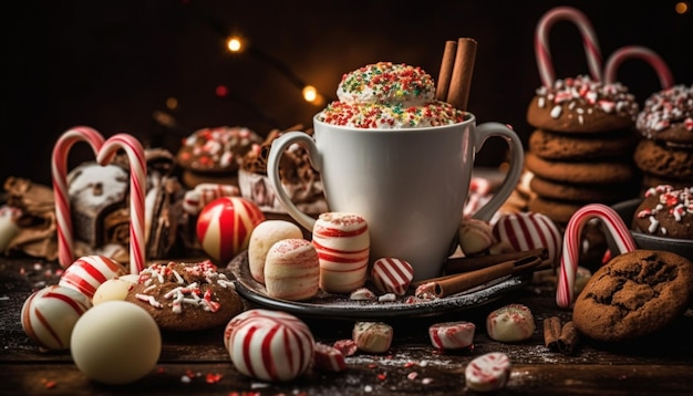 Deliziosa cioccolata calda con menta piperita e marshmallow generata dall'intelligenza artificiale