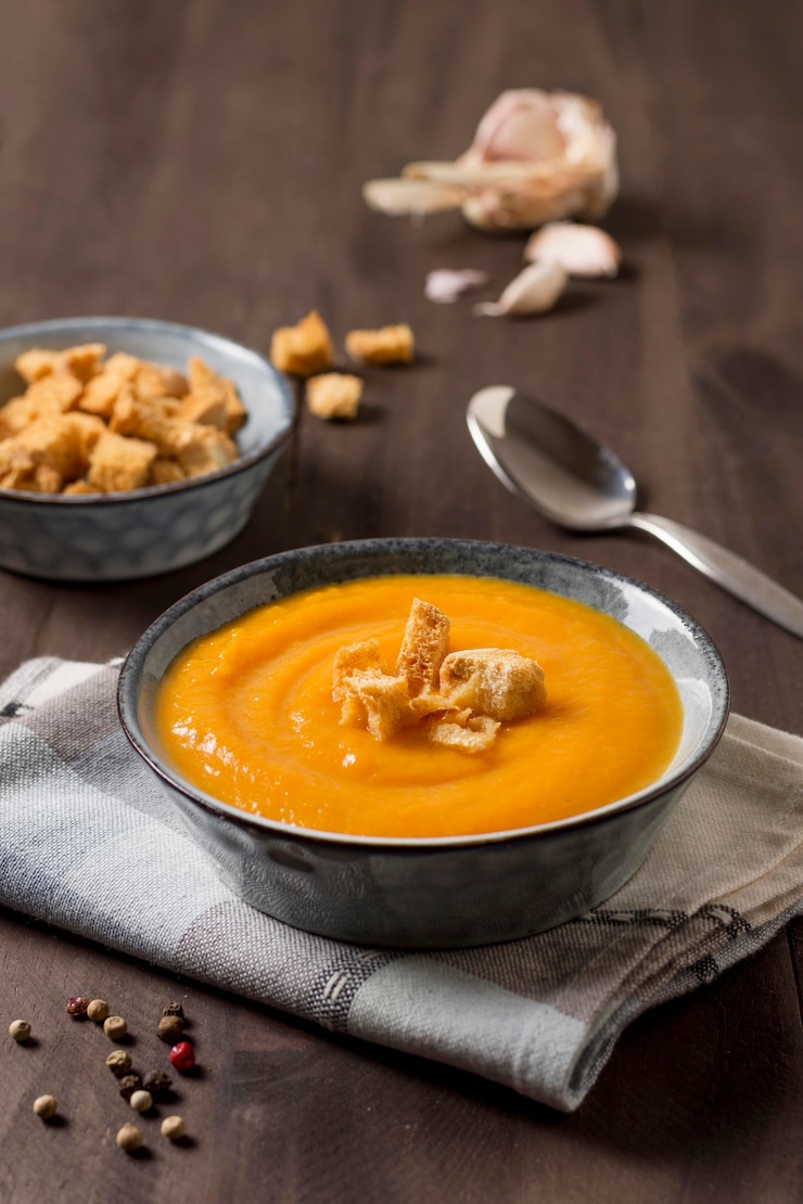 Foto gratuito deliziosa crema di zucca con crostini di pane