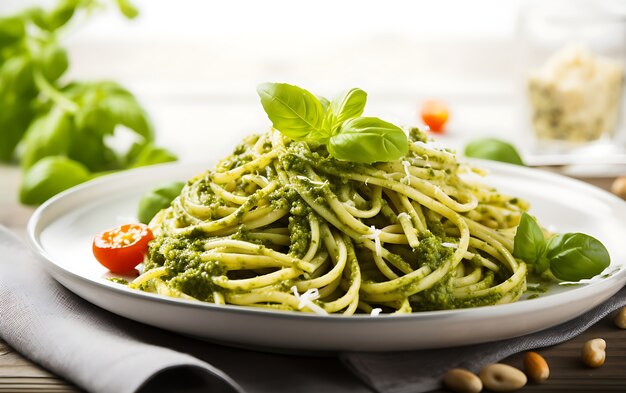 Deliziosa pasta al pesto sul piatto