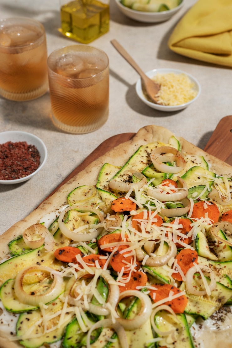 Foto gratuito deliziosa pizza quadrata ad alto angolo