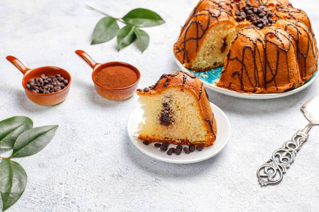 Deliziosa torta al cioccolato con gocce di cioccolato, vista dall'alto