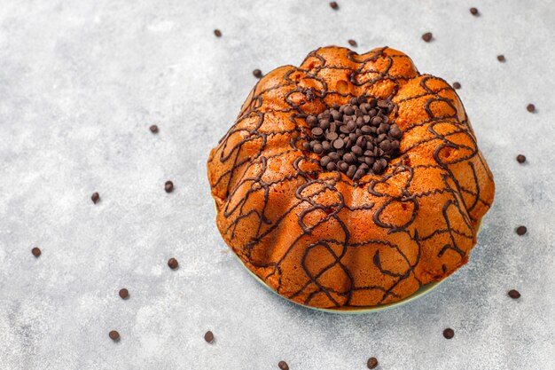 Deliziosa torta al cioccolato con gocce di cioccolato, vista dall'alto