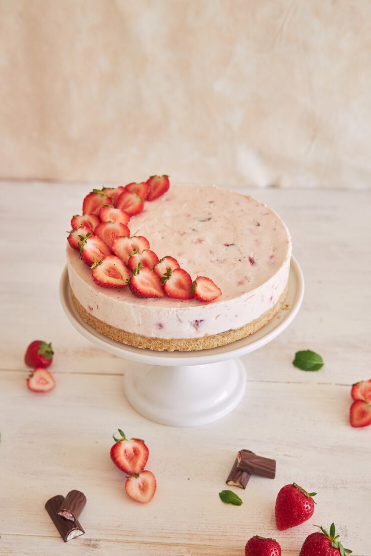 Foto gratuito deliziosa torta di yogurt ghiacciato con fondo di biscotto e fragole