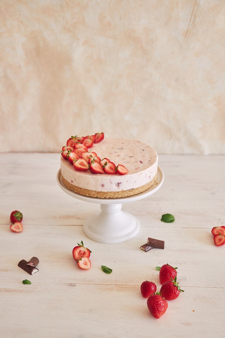 Foto gratuito deliziosa torta di yogurt ghiacciato con fondo di biscotto e fragole