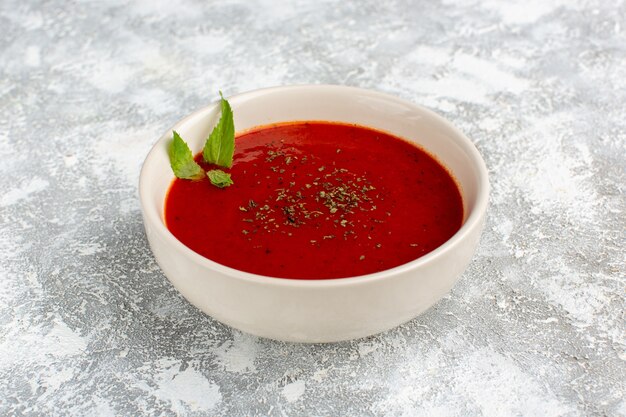 deliziosa zuppa di pomodoro all'interno del piatto bianco su grigio-bianco, cibo vegetale cena pasto zuppa