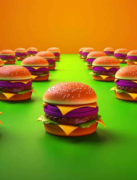 Deliziosi hamburger 3d disposti in modo ordinato