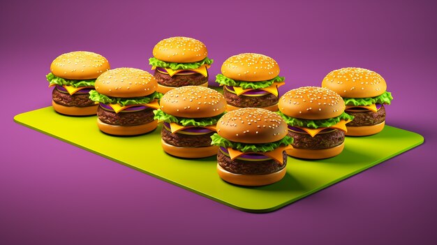 Deliziosi hamburger 3d disposti in modo ordinato